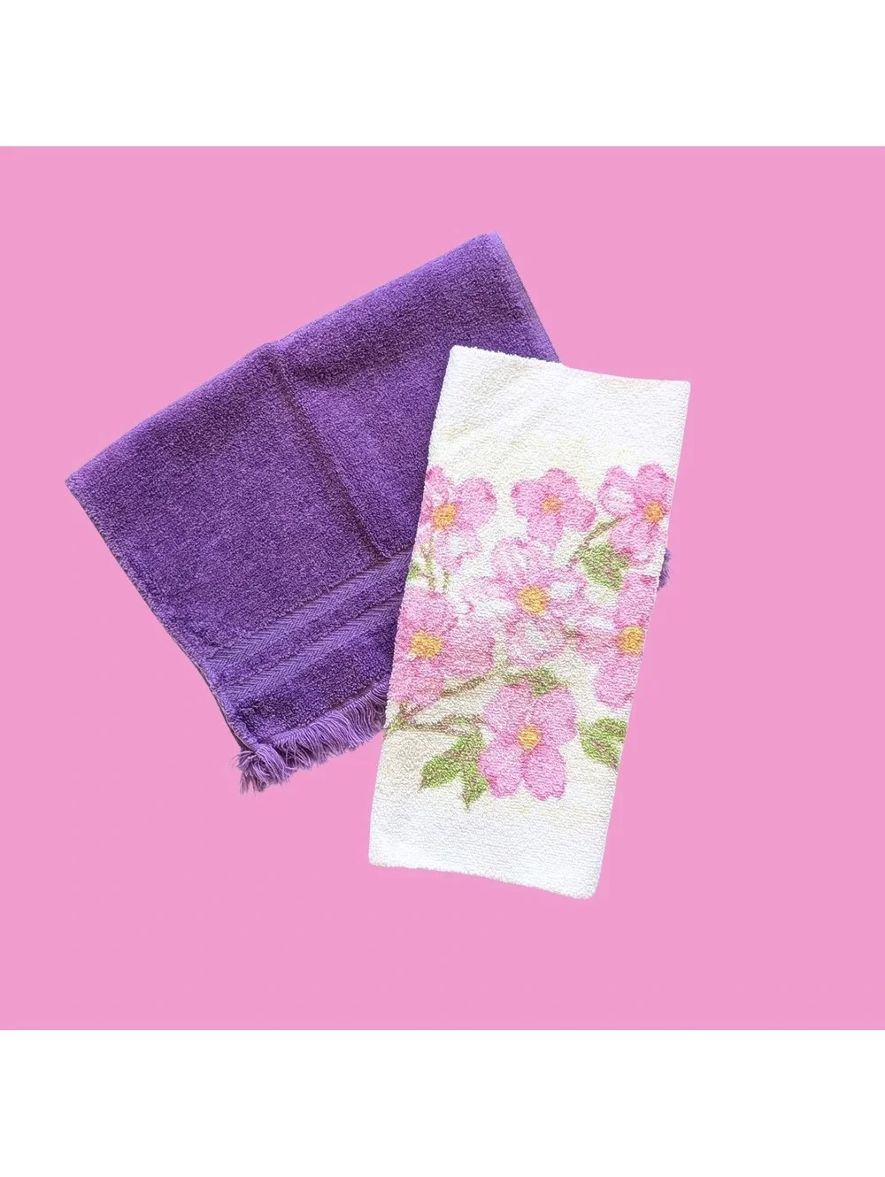 Vintage Pink & Purple Towel Set - Washcloth - Fingertip Towel